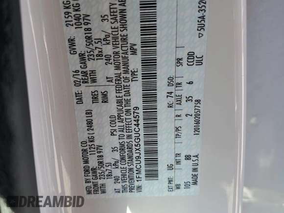 2016 Ford Escape Titanium with VIN 1FMCU9JX5GUC44579, listed as a Copart auction lot 54974965 with 113,776 mi miles and Salvage Title. Bid and sale history available at DreamBid. Image 13.