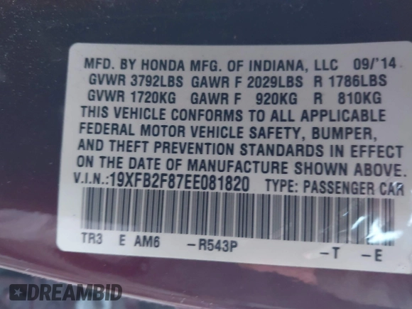 2014 Honda Civic Sedan EX with VIN 19XFB2F87EE081820, listed as a IAAI auction lot 41326205 with 103,868 mi miles. Bid and sale history available at carsss.com. Image 9.
