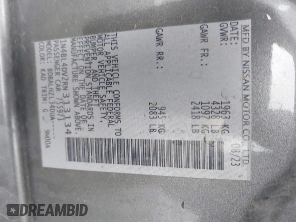 2024 Nissan Altima SV with VIN 1N4BL4DV2RN313134, listed as a IAAI auction lot 42653527 with 45,653 mi miles and . Bid and sale history available at DreamBid. Image 9.
