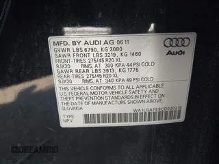 2012 Audi Q7 Premium Plus with VIN WA1LGAFE9CD000216, listed as a IAAI auction lot 42540414 with 147,011 mi miles and . Bid and sale history available at DreamBid. Image 9.
