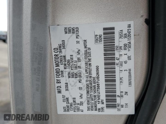 2007 Ford Explorer Limited с VIN 1FMEU75887UB26560, выставлен на аукционе Copart как лот 53886845 с пробегом 120 326 миль миль и Списание • Salvage title. История ставок и продаж доступна на DreamBid. Изображение 13.