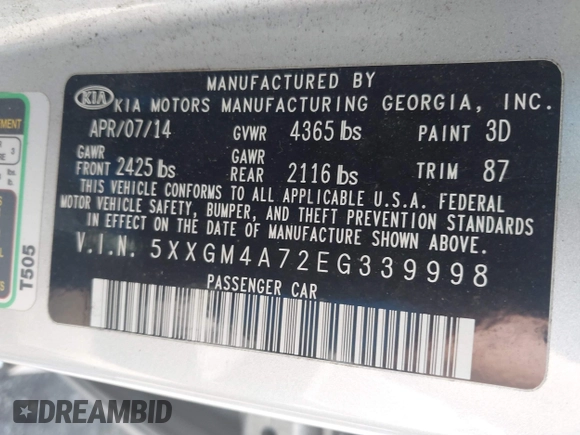 2014 Kia Optima LX with VIN 5XXGM4A72EG339998, listed as a IAAI auction lot 42132720 with 186,989 mi miles. Bid and sale history available at carsss.com. Image 9.