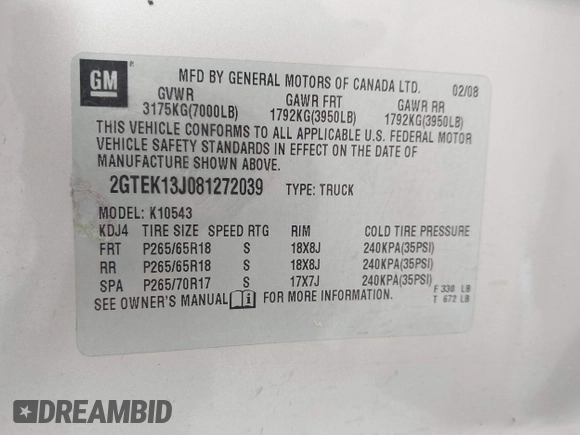 2008 GMC Sierra 1500 SLE1 с VIN 2GTEK13J081272039, выставлен на аукционе IAAI как лот 42261690 с пробегом 210 615 миль миль и . История ставок и продаж доступна на DreamBid. Изображение 9.
