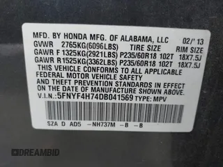2013 Honda Pilot EX-L with VIN 5FNYF4H74DB041569, listed as a IAAI auction lot 41728937 with 223,355 mi miles and . Bid and sale history available at DreamBid. Image 9.