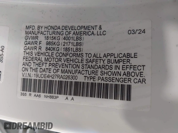 2024 Acura Integra with VIN 19UDE4H27RA026300, listed as a IAAI auction lot 41797122 with 5,855 mi miles and . Bid and sale history available at DreamBid. Image 9.