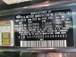 2019 Kia Sorento EX with VIN 5XYPHDA53KG604681, listed as a IAAI auction lot 42208681 with 81,110 mi miles and . Bid and sale history available at carsss.com. Image 9.
