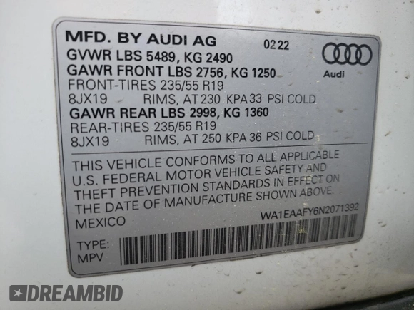 2022 Audi Q5 S line Premium Plus with VIN WA1EAAFY6N2071392, listed as a Copart auction lot 55633675 with 57,926 mi miles and Salvage title. Bid and sale history available at DreamBid. Image 14.