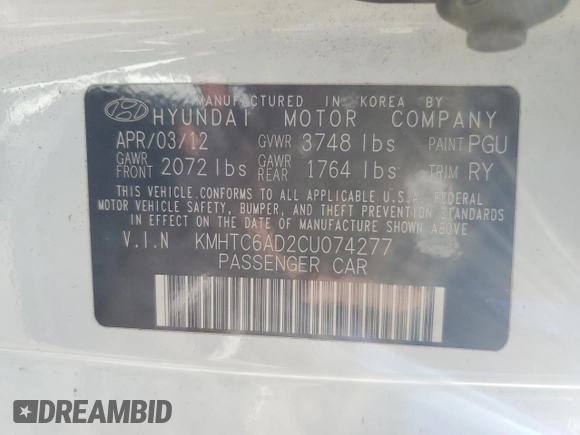 2012 Hyundai Veloster w/Gray Int with VIN KMHTC6AD2CU074277, listed as a Copart auction lot 44045205 with 180,489 mi miles and Salvage title. Bid and sale history available at DreamBid. Image 14.