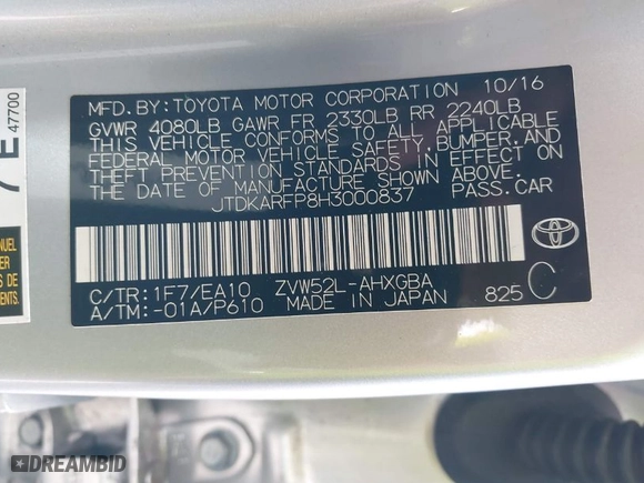 2017 Toyota Prius Prime Plus with VIN JTDKARFP8H3000837, listed as a IAAI auction lot 41899306 with 66,345 mi miles. Bid and sale history available at carsss.com. Image 9.
