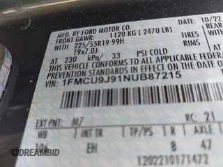 2022 Ford Escape Titanium with VIN 1FMCU9J91NUB87215, listed as a IAAI auction lot 42092928 with 3,255 mi miles and . Bid and sale history available at DreamBid. Image 9.