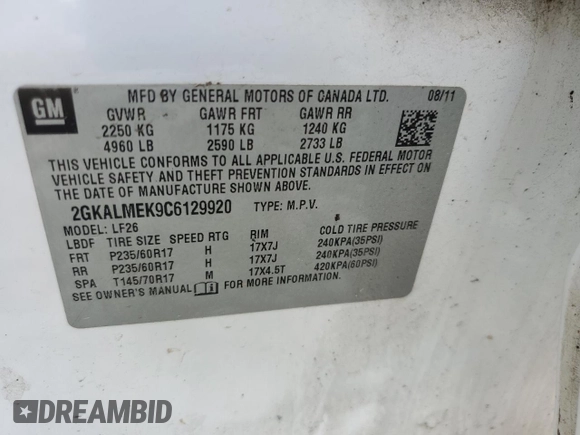 2012 GMC Terrain SLE-1 z VIN 2GKALMEK9C6129920, wystawiony jako Copart lot #53148225 z przebiegiem 164 642 mil mil oraz Szkoda całkowita • Salvage title. Historia ofert i sprzedaży dostępna na DreamBid. Obrazek 13.