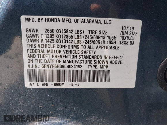 2020 Honda Pilot EX z VIN 5FNYF6H39LB024192, wystawiony jako IAAI lot #41787496 z przebiegiem 72 188 mil mil oraz . Historia ofert i sprzedaży dostępna na DreamBid. Obrazek 9.
