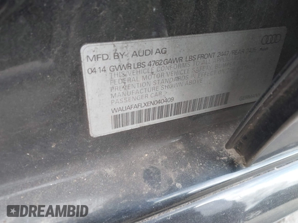 2014 Audi A4 Premium with VIN WAUAFAFLXEN040409, listed as a IAAI auction lot 41726142 with 110,383 mi miles. Bid and sale history available at carsss.com. Image 8.