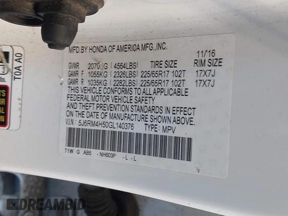 2016 Honda CR-V EX with VIN 5J6RM4H50GL140376, listed as a IAAI auction lot 42178689 with 104,740 mi miles and . Bid and sale history available at DreamBid. Image 9.