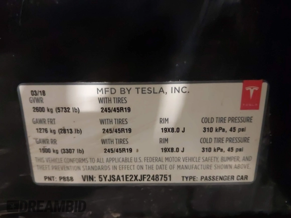 2018 Tesla Model S 75D with VIN 5YJSA1E2XJF248751, listed as a IAAI auction lot 42079081 with 75,904 mi miles and . Bid and sale history available at DreamBid. Image 9.