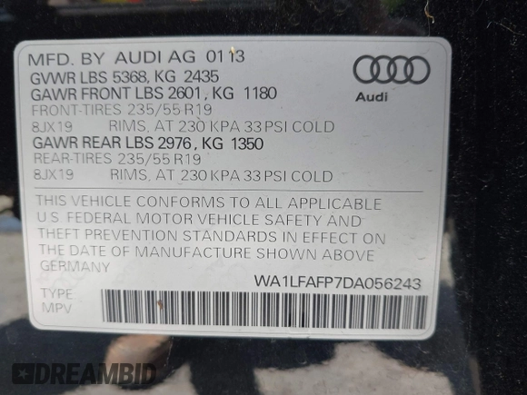 2013 Audi Q5 Premium Plus with VIN WA1LFAFP7DA056243, listed as a IAAI auction lot 42419318 with 53,053 mi miles and . Bid and sale history available at DreamBid. Image 9.