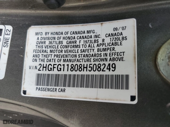 2008 Honda Civic Cpe EX with VIN 2HGFG11808H508249, listed as a Copart auction lot 54180604 with 217,182 mi miles and Non Repairable. Bid and sale history available at carsss.com. Image 13.