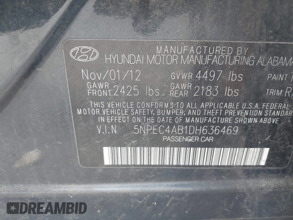 2013 Hyundai Sonata Limited with VIN 5NPEC4AB1DH636469, listed as a IAAI auction lot 42183823 with 186,219 mi miles and . Bid and sale history available at DreamBid. Image 9.