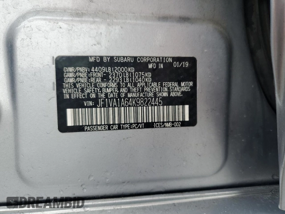 2019 Subaru WRX z VIN JF1VA1A64K9822445, wystawiony jako Copart lot #53897765 z przebiegiem 77 622 mil mil oraz Szkoda całkowita • Salvage title. Historia ofert i sprzedaży dostępna na DreamBid. Obrazek 12.