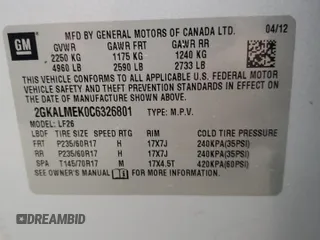 2012 GMC Terrain SLE-1 with VIN 2GKALMEK0C6326801, listed as a Copart auction lot 46122805 with 140,373 mi miles and Salvage Title. Bid and sale history available at carsss.com. Image 14.