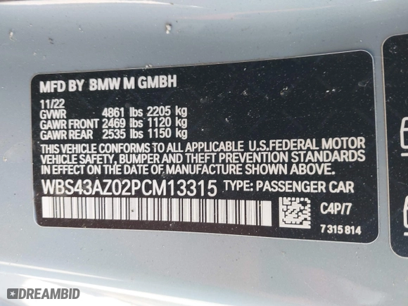 2023 BMW M4 Competition xDrive with VIN WBS43AZ02PCM13315, listed as a IAAI auction lot 41596968 with 28,967 mi miles. Bid and sale history available at carsss.com. Image 9.