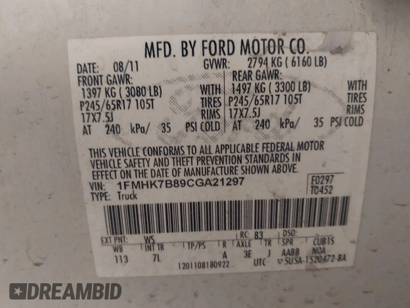 2012 Ford Explorer with VIN 1FMHK7B89CGA21297, listed as a IAAI auction lot 42773004 with 264,467 mi miles and . Bid and sale history available at DreamBid. Image 9.