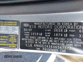 2009 Kia Rio LX with VIN KNADE243696547512, listed as a IAAI auction lot 40639932 with 204,809 mi miles. Bid and sale history available at carsss.com. Image 9.