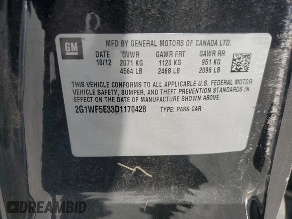2013 Chevrolet Impala LS with VIN 2G1WF5E33D1170428, listed as a Copart auction lot 53279735 with 129,637 mi miles and Clean Title. Bid and sale history available at DreamBid. Image 13.