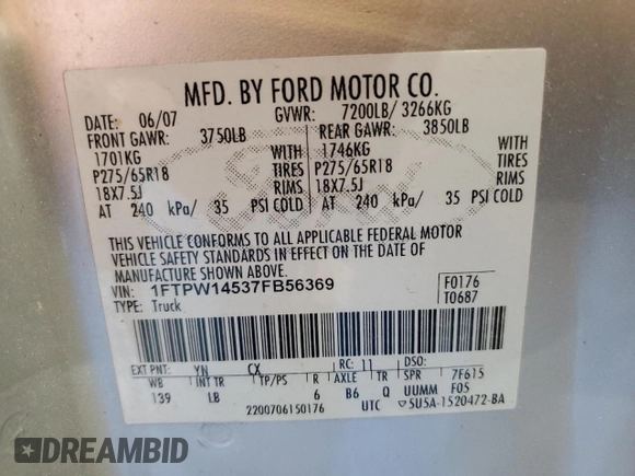 2007 Ford F-150 XLT with VIN 1FTPW14537FB56369, listed as a Copart auction lot 86616234 with 205,999 mi miles and Clean Title. Bid and sale history available at carsss.com. Image 12.