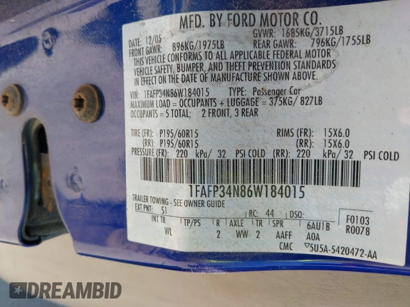 2006 Ford Focus S with VIN 1FAFP34N86W184015, listed as a IAAI auction lot 41832666 with 75,967 mi miles and . Bid and sale history available at carsss.com. Image 9.