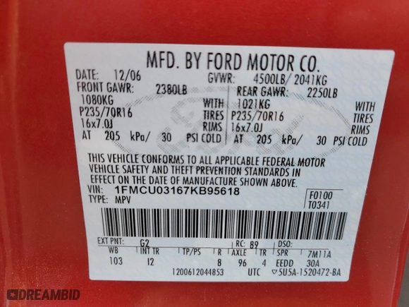 2007 Ford Escape XLT with VIN 1FMCU03167KB95618, listed as a Copart auction lot 45316575 with 173,038 mi miles and Salvage Title. Bid and sale history available at carsss.com. Image 13.