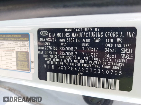 2018 Kia Sorento LX with VIN 5XYPG4A50JG350705, listed as a IAAI auction lot 41537305 with 82,346 mi miles and . Bid and sale history available at DreamBid. Image 9.