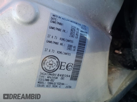 2015 Nissan Rogue SL with VIN 5N1AT2MV8FC848594, listed as a Copart auction lot 46157925 with Not Provided miles and Non Repairable. Bid and sale history available at DreamBid. Image 12.