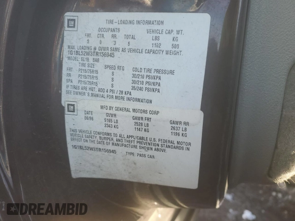 1996 Chevrolet Caprice 1SA Special Value z VIN 1G1BL52W3TR156945, wystawiony jako Copart lot #86470784 z przebiegiem 166 584 mil mil oraz Szkoda całkowita • Salvage title. Historia ofert i sprzedaży dostępna na DreamBid. Obrazek 14.