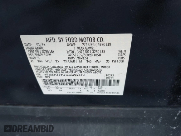 2016 Ford Explorer Limited with VIN 1FM5K7FH7GGC02370, listed as a IAAI auction lot 41459864 with 86,996 mi miles and . Bid and sale history available at DreamBid. Image 9.