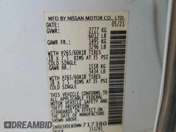 2021 Nissan Frontier SV with VIN 1N6ED0EB0MN717380, listed as a Copart auction lot 53716005 with 60,818 mi miles and Salvage title. Bid and sale history available at DreamBid. Image 12.