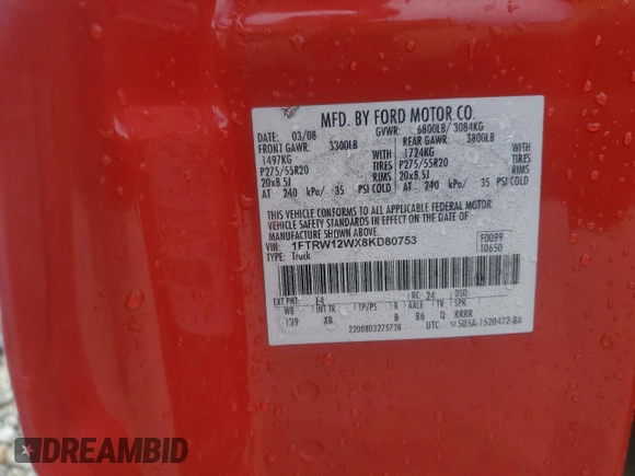 2008 Ford F-150 XL with VIN 1FTRW12WX8KD80753, listed as a Copart auction lot 61119765 with 153,203 mi miles and Salvage title. Bid and sale history available at DreamBid. Image 13.