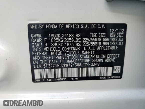2023 Honda HR-V Sport with VIN 3CZRZ1H52PM724308, listed as a Copart auction lot 87532125 with 16,251 mi miles and Salvage Title. Bid and sale history available at carsss.com. Image 15.