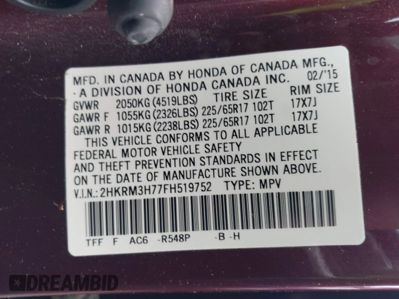 2015 Honda CR-V EX-L with VIN 2HKRM3H77FH519752, listed as a IAAI auction lot 41936342 with 73,378 mi miles. Bid and sale history available at carsss.com. Image 9.