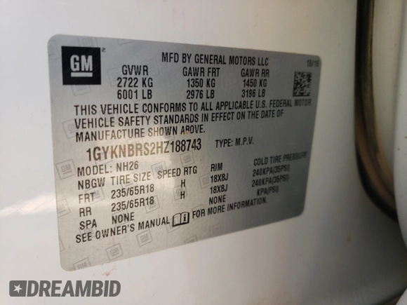 2017 Cadillac XT5 Luxury FWD with VIN 1GYKNBRS2HZ188743, listed as a Copart auction lot 46492805 with 178,865 mi miles and Salvage Title. Bid and sale history available at carsss.com. Image 13.