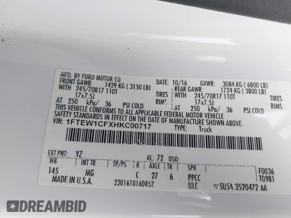 2017 Ford F-150 XL with VIN 1FTEW1CFXHKC00717, listed as a IAAI auction lot 42425695 with 80,199 mi miles and . Bid and sale history available at DreamBid. Image 9.
