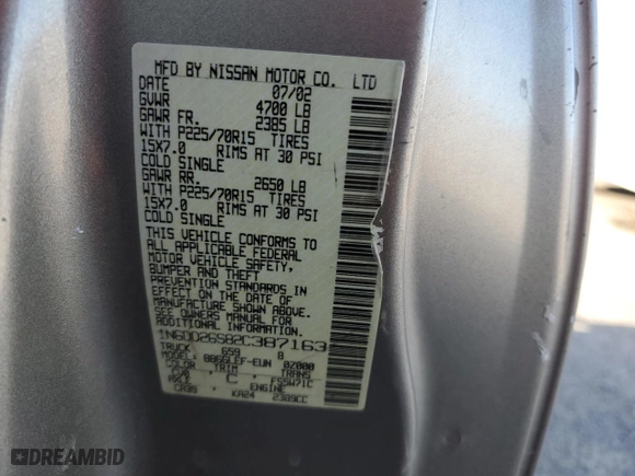 2002 Nissan Frontier 2WD XE with VIN 1N6DD26S82C387163, listed as a Copart auction lot 48801775 with 215,355 mi miles and Salvage Title. Bid and sale history available at carsss.com. Image 12.