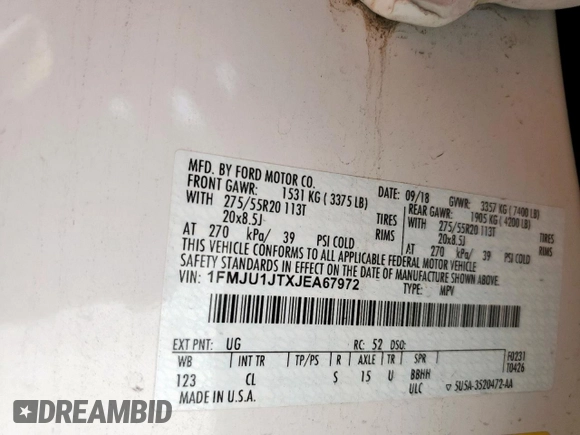 2018 Ford Expedition XLT with VIN 1FMJU1JTXJEA67972, listed as a Copart auction lot 59699355 with 78,617 mi miles and Salvage title. Bid and sale history available at DreamBid. Image 14.