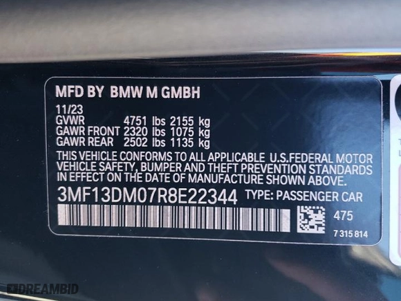 2024 BMW M2 with VIN 3MF13DM07R8E22344, listed as a Copart auction lot 51375944 with 0 mi miles and Salvage Title. Bid and sale history available at carsss.com. Image 12.