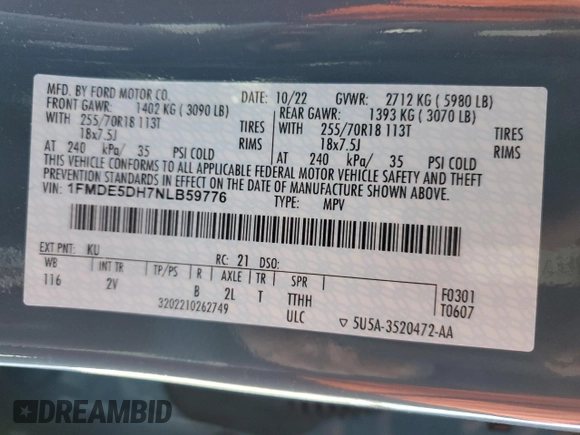 2022 Ford Bronco with VIN 1FMDE5DH7NLB59776, listed as a Copart auction lot 84913034 with 35,035 mi miles and Salvage Title. Bid and sale history available at DreamBid. Image 15.