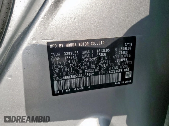 2016 Honda Fit LX with VIN JHMGK5H53GX033662, listed as a Copart auction lot 55523545 with 67,580 mi miles and Salvage title. Bid and sale history available at DreamBid. Image 12.