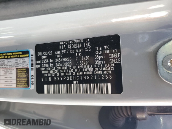 2022 Kia Telluride EX with VIN 5XYP3DHC1NG211253, listed as a Copart auction lot 56761915 with 43,086 mi miles and Salvage title. Bid and sale history available at DreamBid. Image 12.