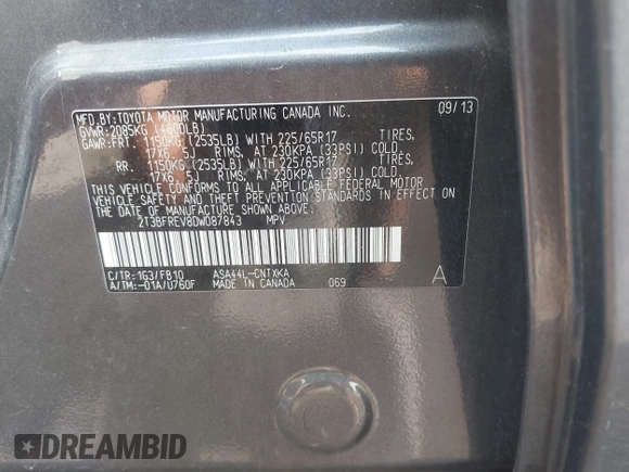 2013 Toyota RAV4 LE with VIN 2T3BFREV8DW087843, listed as a IAAI auction lot 42629388 with 234,438 mi miles and . Bid and sale history available at DreamBid. Image 9.