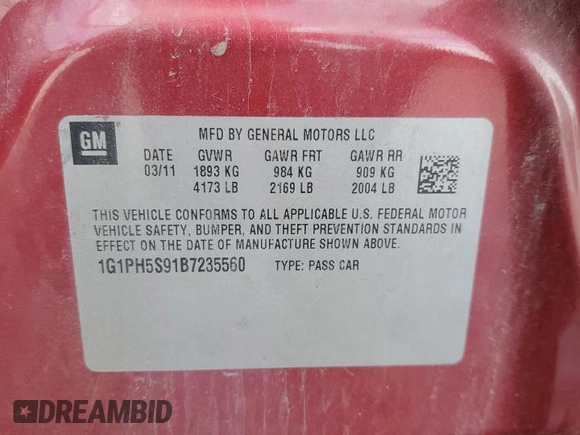 2011 Chevrolet Cruze LTZ with VIN 1G1PH5S91B7235560, listed as a Copart auction lot 54618745 with 238,231 mi miles and Clean Title. Bid and sale history available at DreamBid. Image 12.