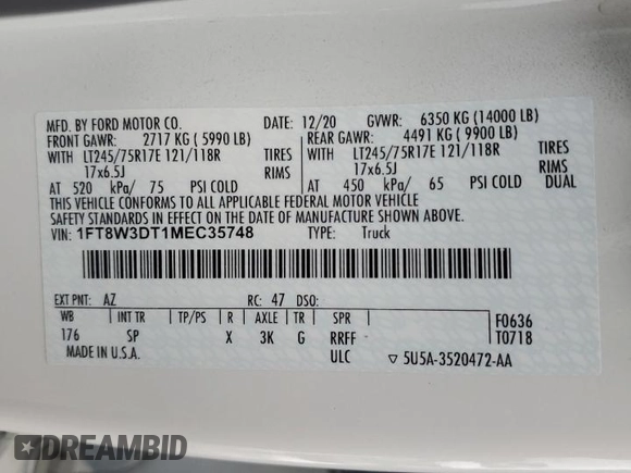 2021 Ford F-350 XL with VIN 1FT8W3DT1MEC35748, listed as a Copart auction lot 85919634 with 79,909 mi miles and Salvage title. Bid and sale history available at DreamBid. Image 12.